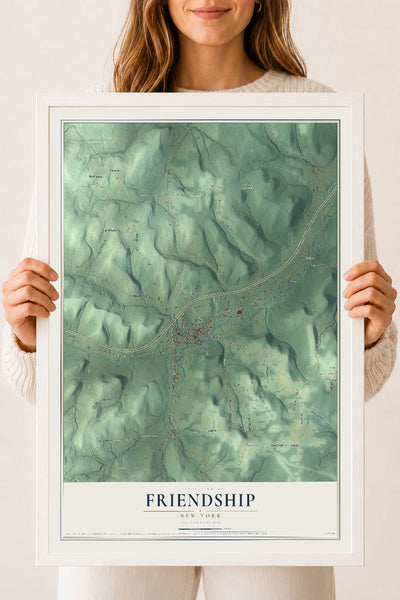 Friendship, New York map print, 18" x 24" W/ White Ayous Wood Frame mockup