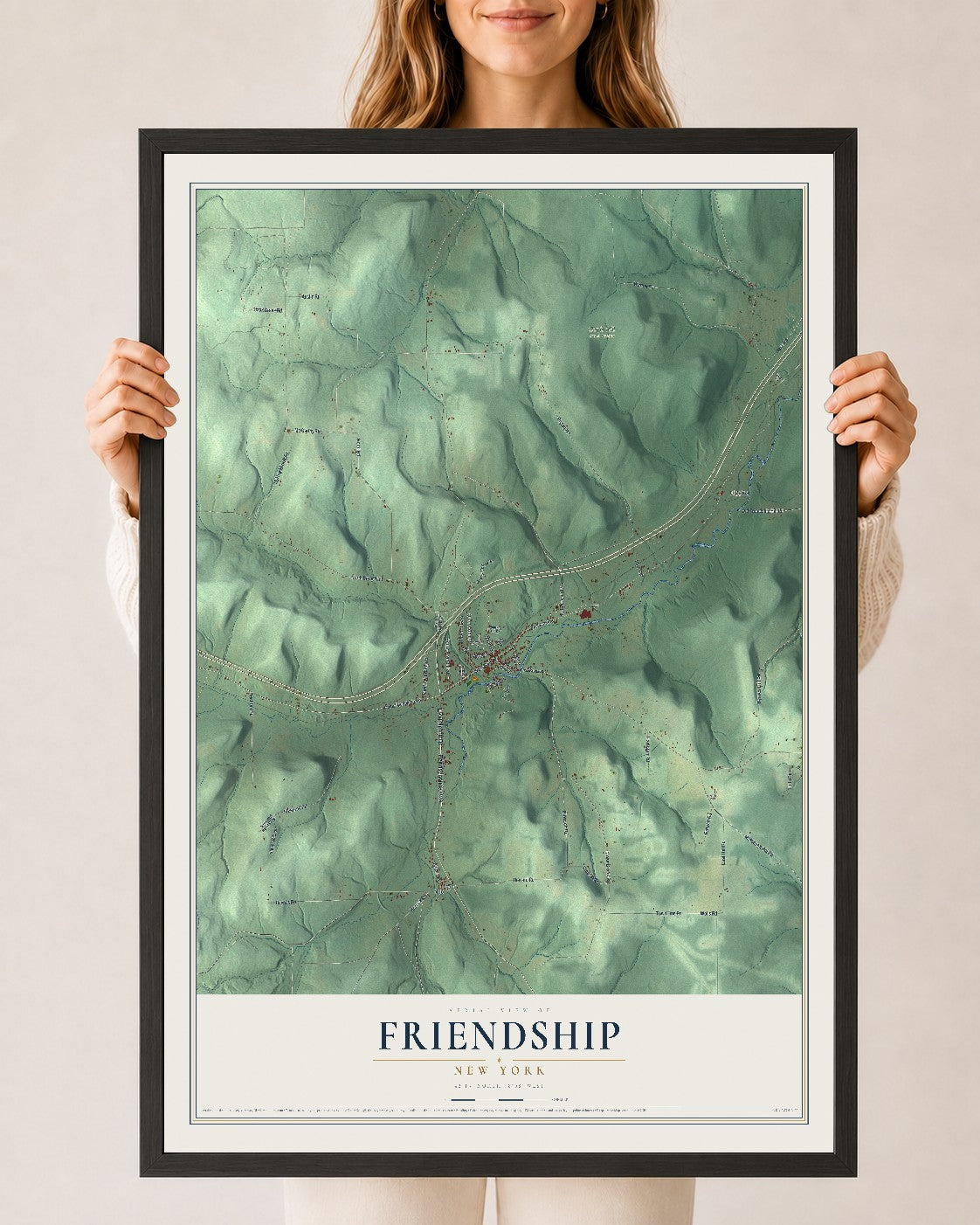Friendship, New York map print, 24" x 36" W/ Black Ayous Wood Frame mockup