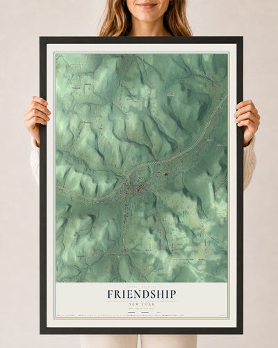 Friendship, New York map print, 24" x 36" W/ Black Ayous Wood Frame mockup