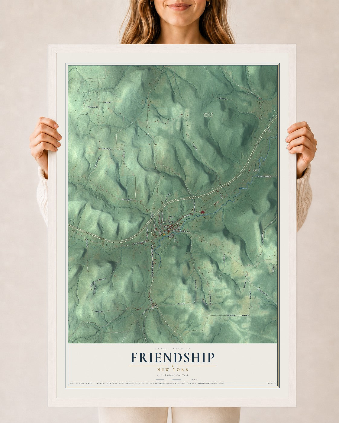 Friendship, New York map print, 24" x 36" W/ White Ayous Wood Frame mockup