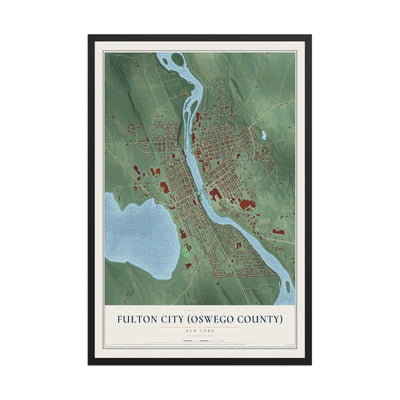Fulton City (Oswego County), New York map print, 12" x 18" W/ Black Ayous Wood Frame mockup
