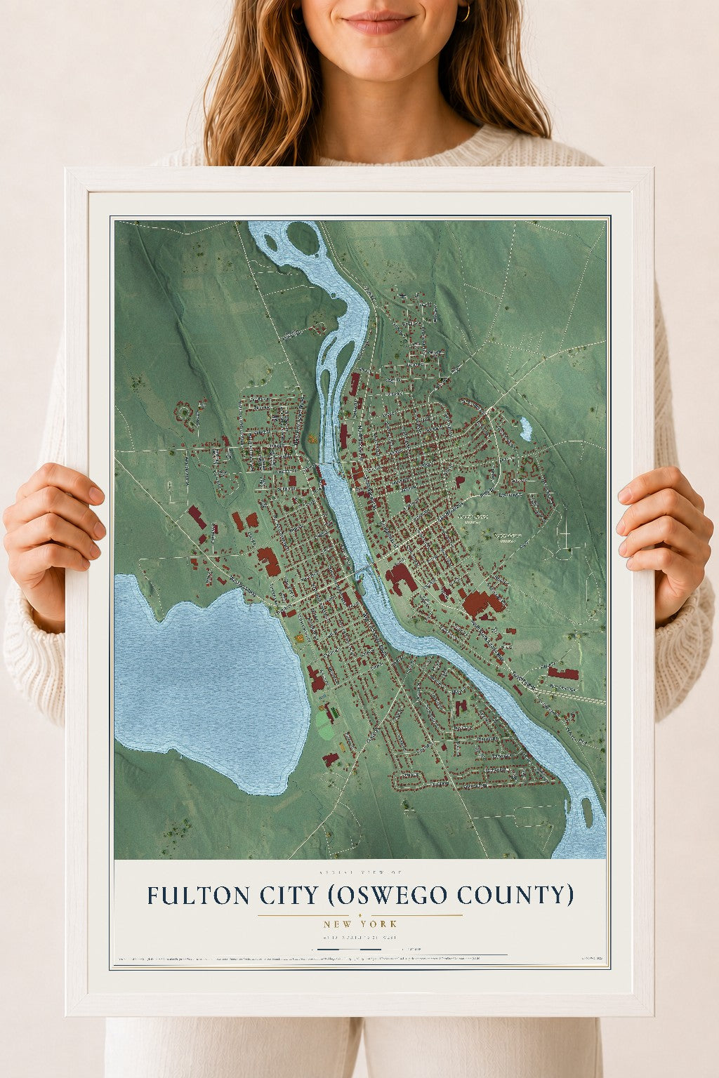 Fulton City (Oswego County), New York map print, 18" x 24" W/ White Ayous Wood Frame mockup