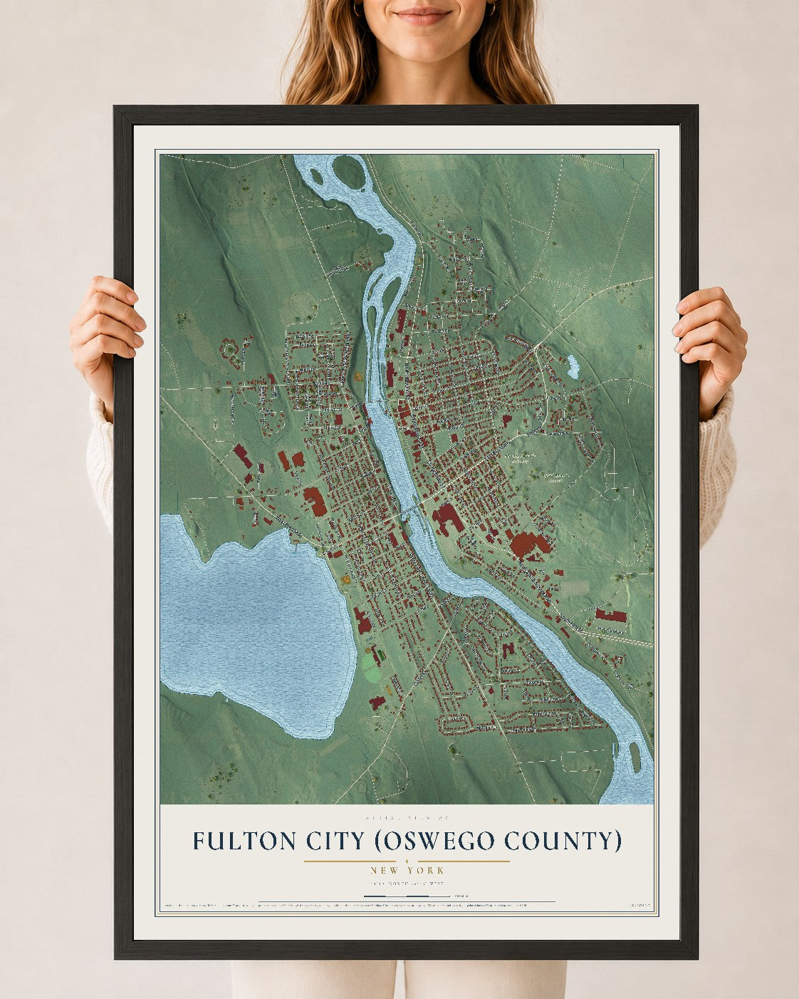 Fulton City (Oswego County), New York map print, 24" x 36" W/ Black Ayous Wood Frame mockup