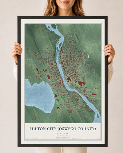 Fulton City (Oswego County), New York map print, 24" x 36" W/ Black Ayous Wood Frame mockup