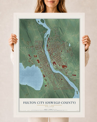 Fulton City (Oswego County), New York map print, 24" x 36" W/ White Ayous Wood Frame mockup