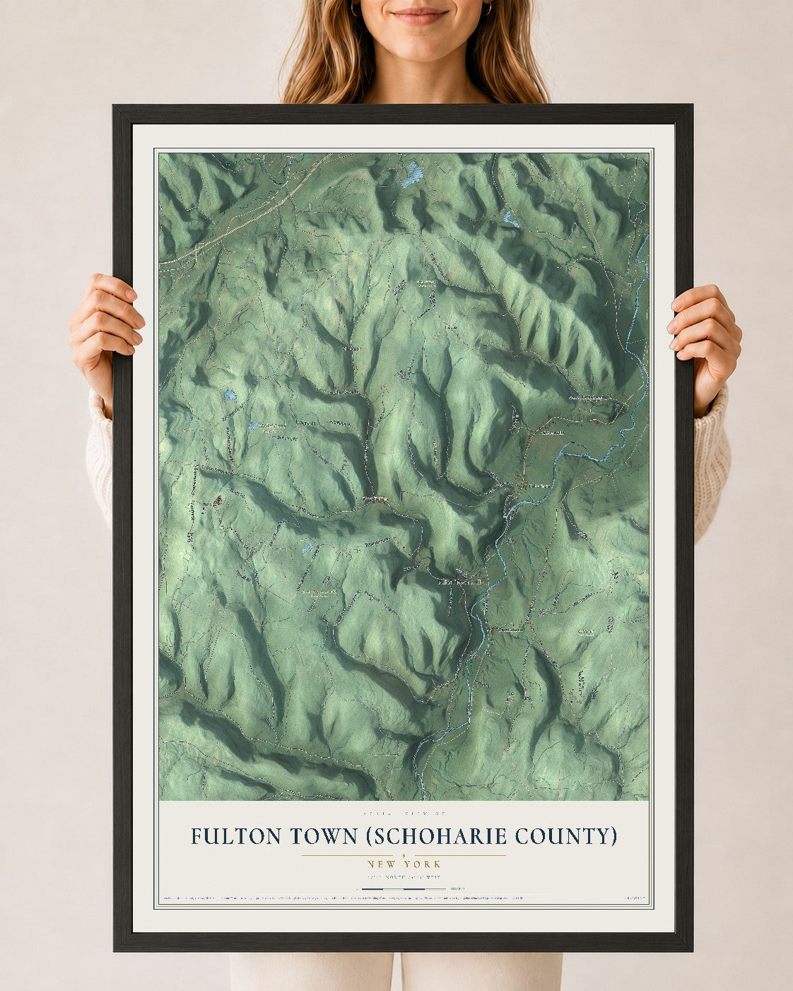 Fulton Town (Schoharie County), New York map print, 24" x 36" W/ Black Ayous Wood Frame mockup