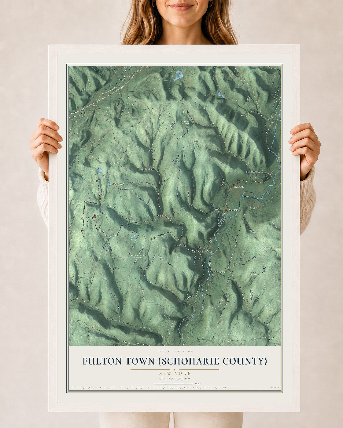 Fulton Town (Schoharie County), New York map print, 24" x 36" W/ White Ayous Wood Frame mockup