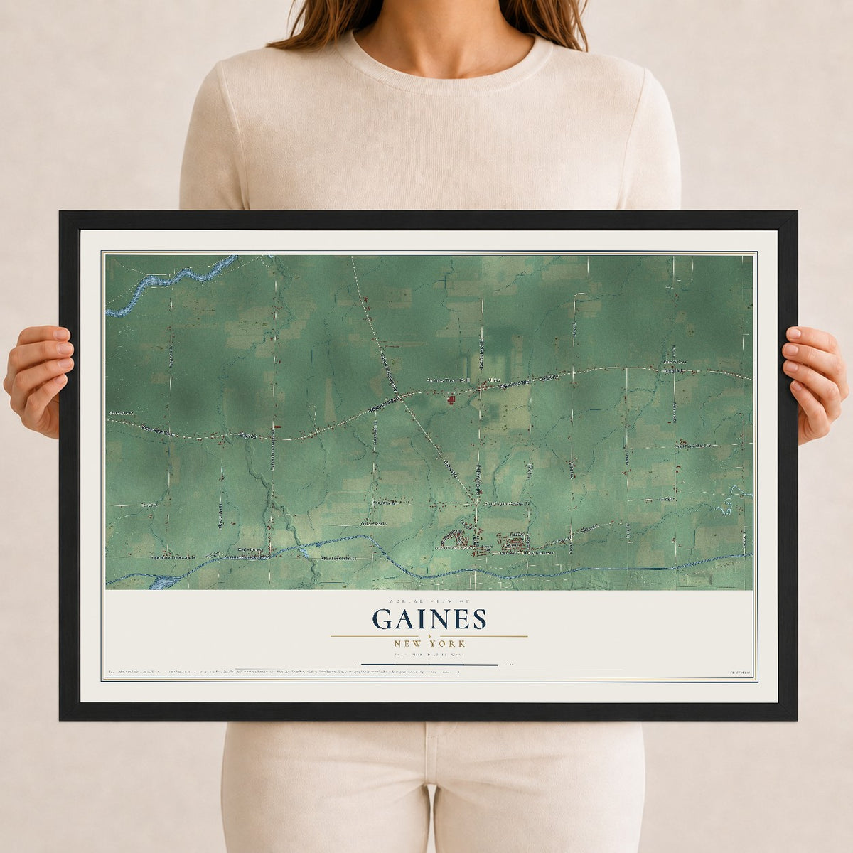 Gaines, New York map print, 12" x 18" W/ Black Ayous Wood Frame mockup