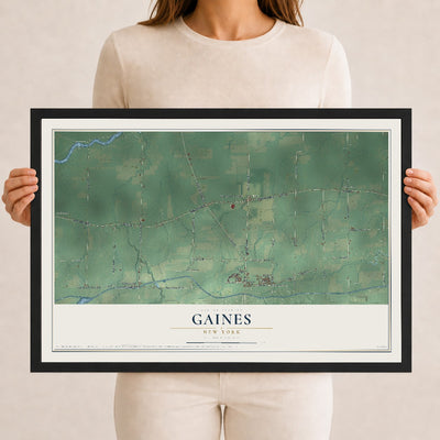 Gaines, New York map print, 12" x 18" W/ Black Ayous Wood Frame mockup