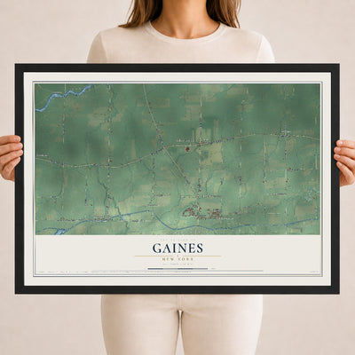 Gaines, New York map print, 18" x 24" W/ Black Ayous Wood Frame mockup