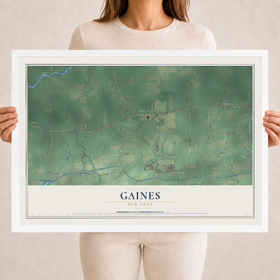 Gaines, New York map print, 18" x 24" W/ White Ayous Wood Frame mockup