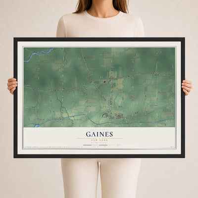 Gaines, New York map print, 24" x 36" W/ Black Ayous Wood Frame mockup