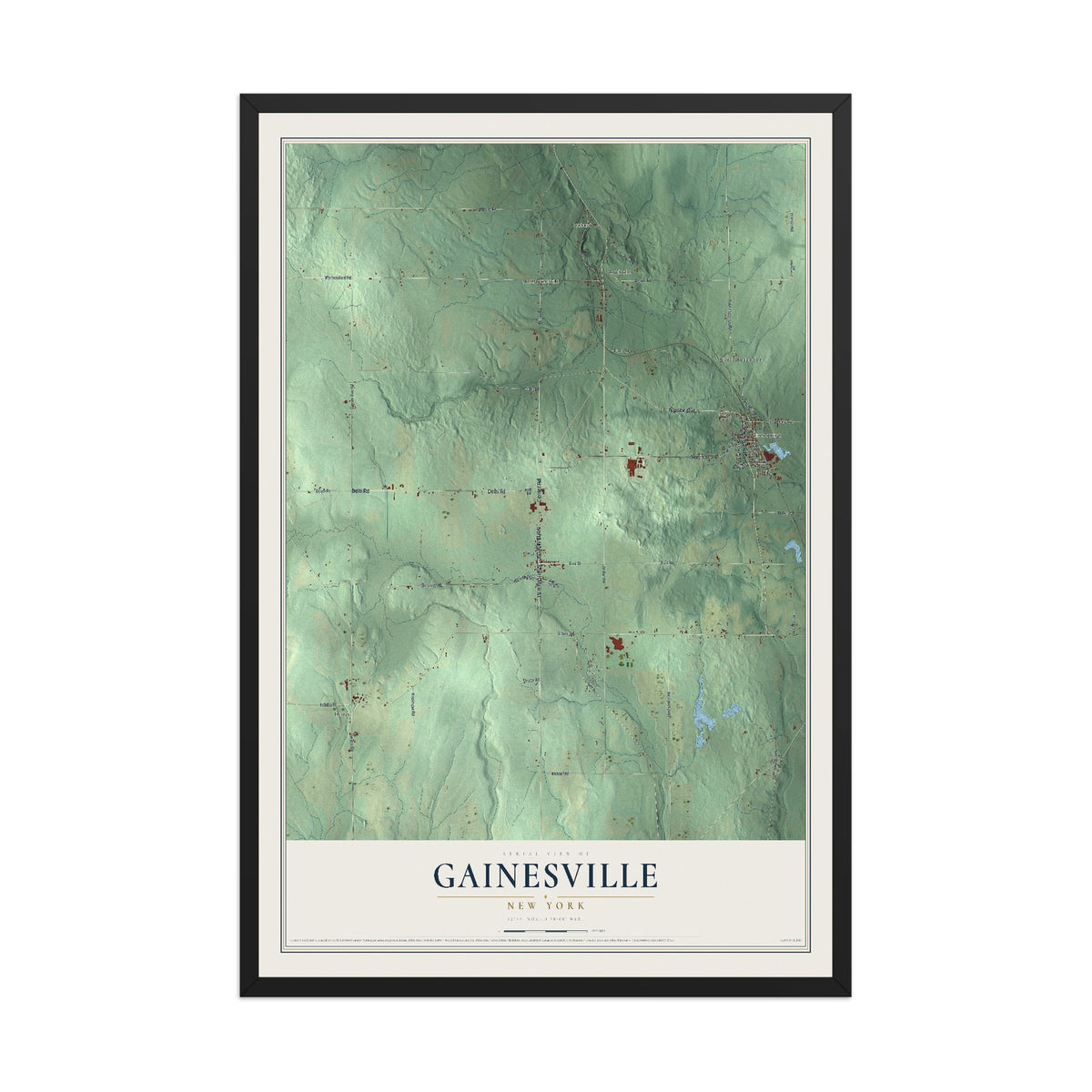 Gainesville, New York map print, 12" x 18" W/ Black Ayous Wood Frame mockup