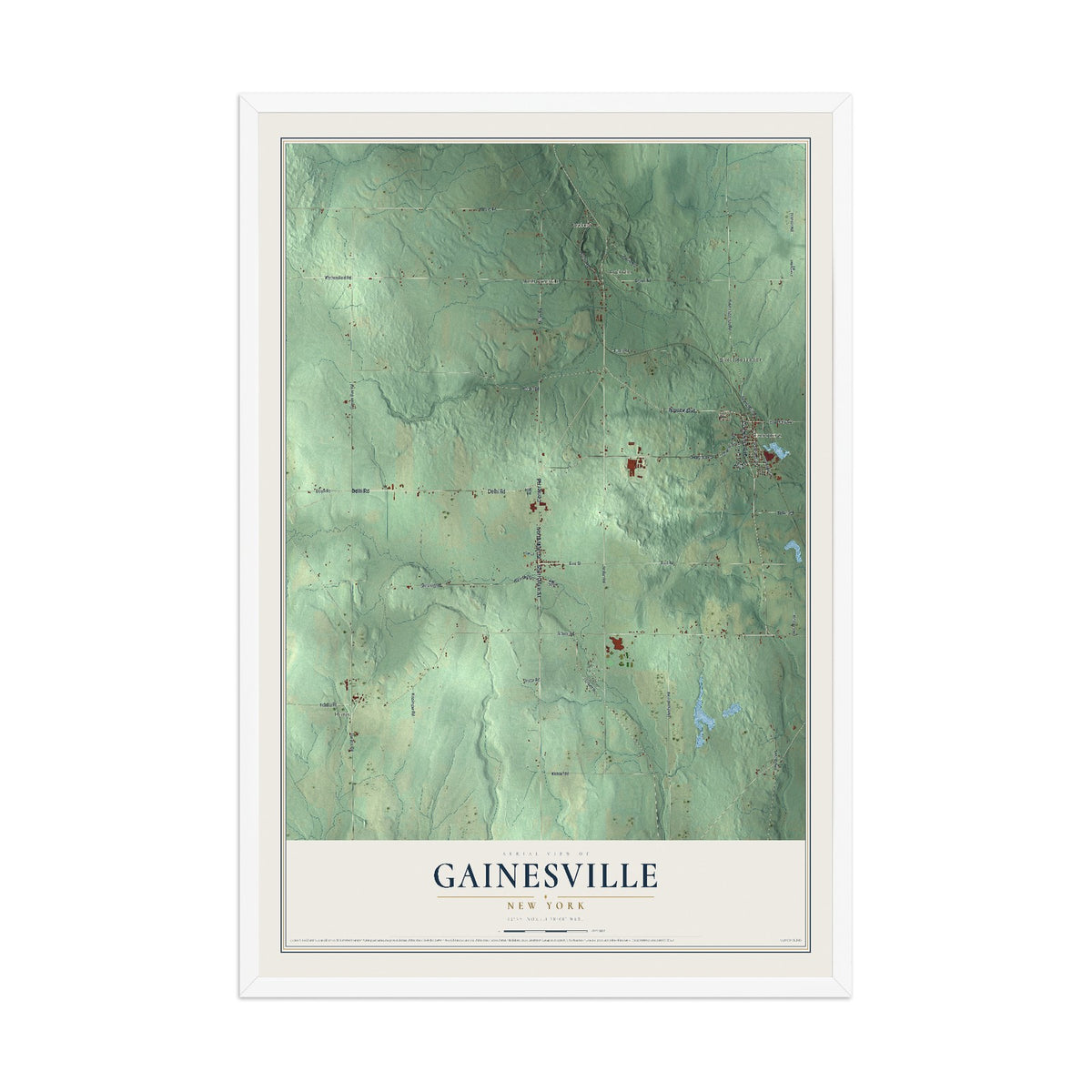 Gainesville, New York map print, 12" x 18" W/ White Ayous Wood Frame mockup