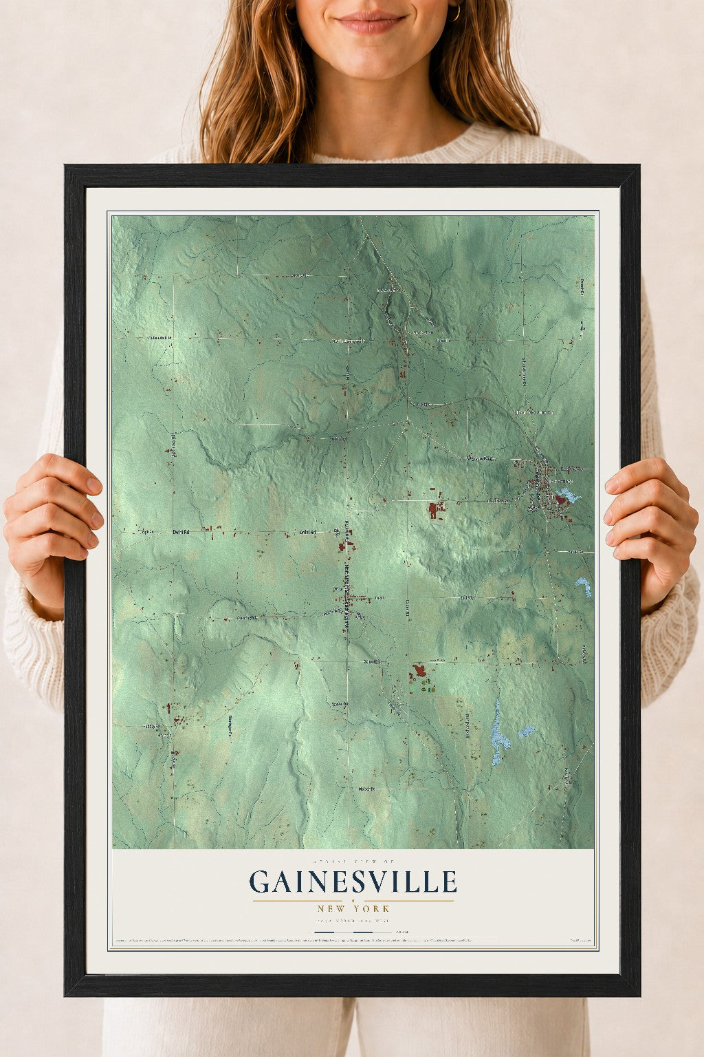 Gainesville, New York map print, 18" x 24" W/ Black Ayous Wood Frame mockup