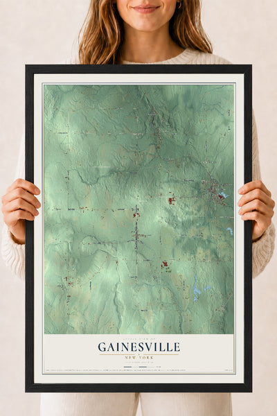 Gainesville, New York map print, 18" x 24" W/ Black Ayous Wood Frame mockup