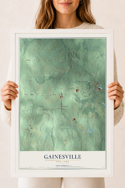 Gainesville, New York map print, 18" x 24" W/ White Ayous Wood Frame mockup