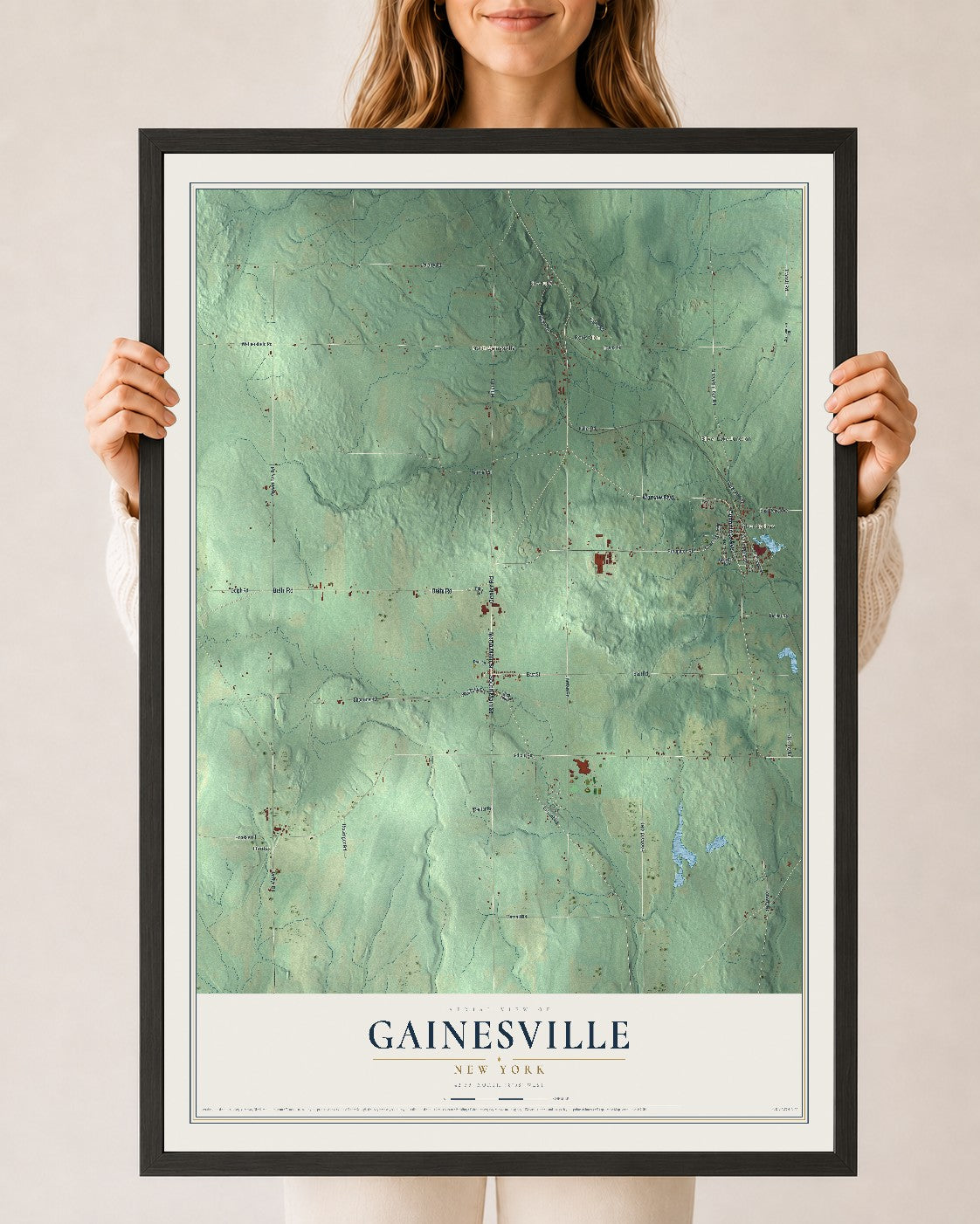 Gainesville, New York map print, 24" x 36" W/ Black Ayous Wood Frame mockup