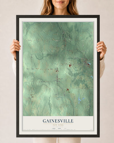 Gainesville, New York map print, 24" x 36" W/ Black Ayous Wood Frame mockup