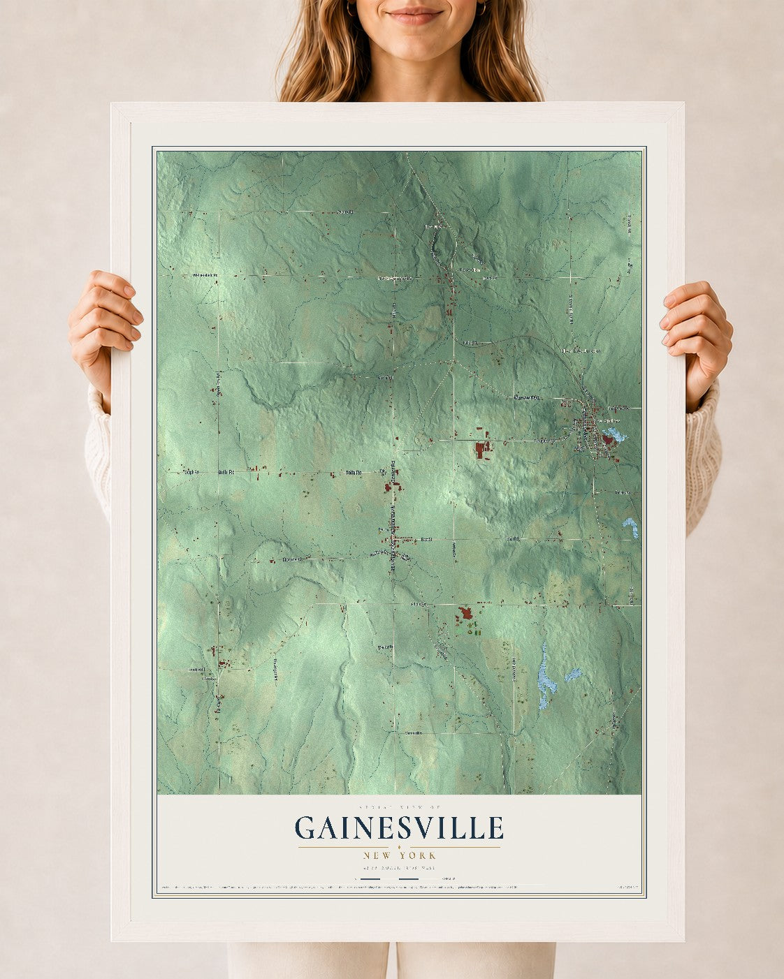 Gainesville, New York map print, 24" x 36" W/ White Ayous Wood Frame mockup