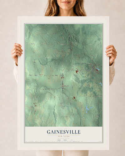 Gainesville, New York map print, 24" x 36" W/ White Ayous Wood Frame mockup