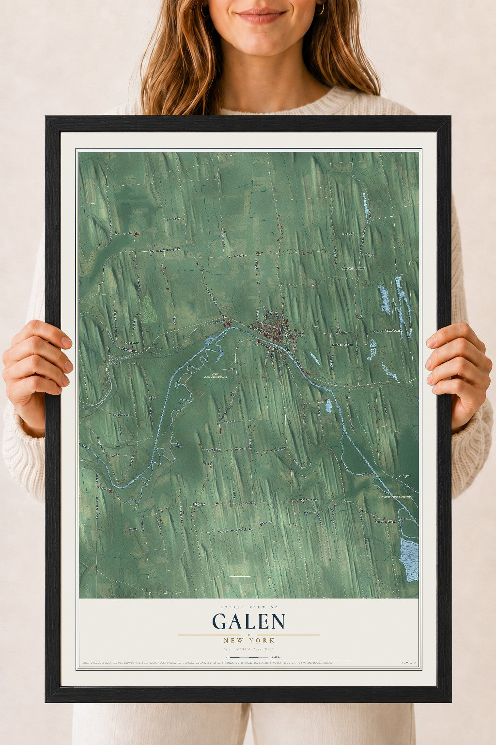Galen, New York map print, 18" x 24" W/ Black Ayous Wood Frame mockup