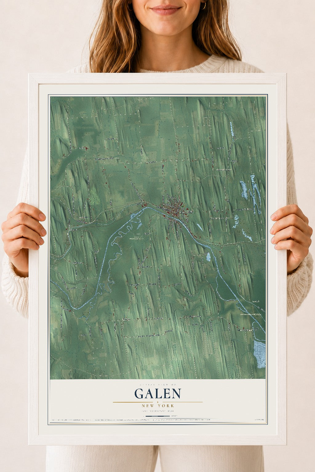 Galen, New York map print, 18" x 24" W/ White Ayous Wood Frame mockup