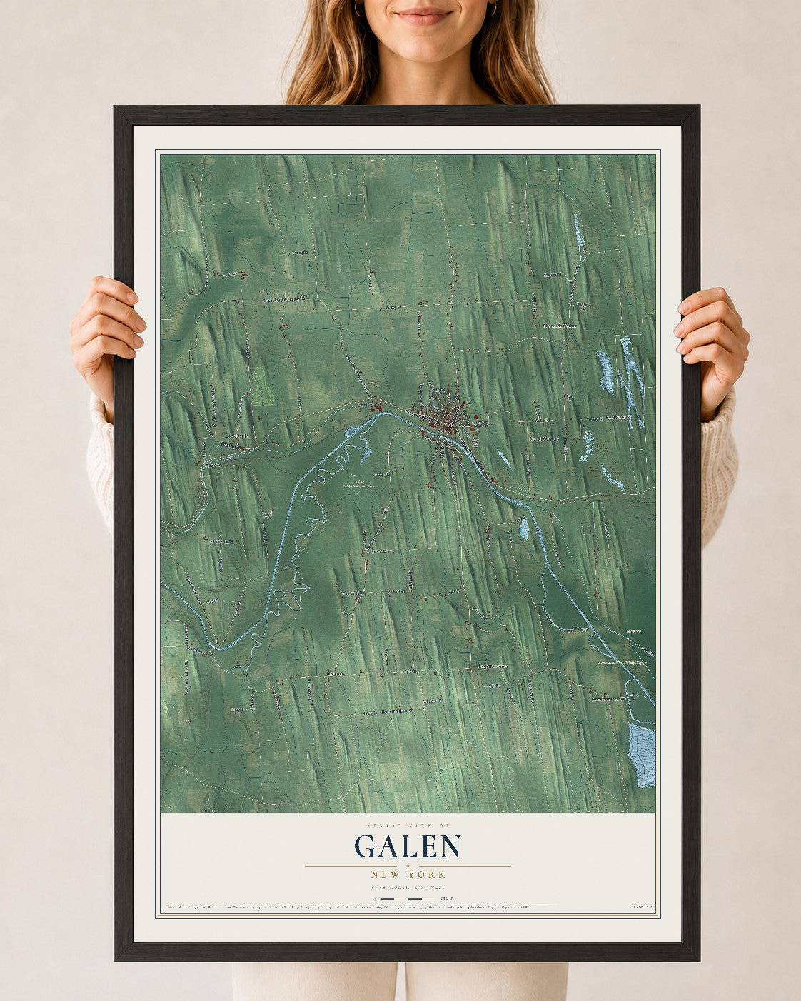 Galen, New York map print, 24" x 36" W/ Black Ayous Wood Frame mockup