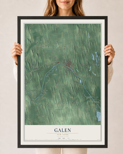 Galen, New York map print, 24" x 36" W/ Black Ayous Wood Frame mockup