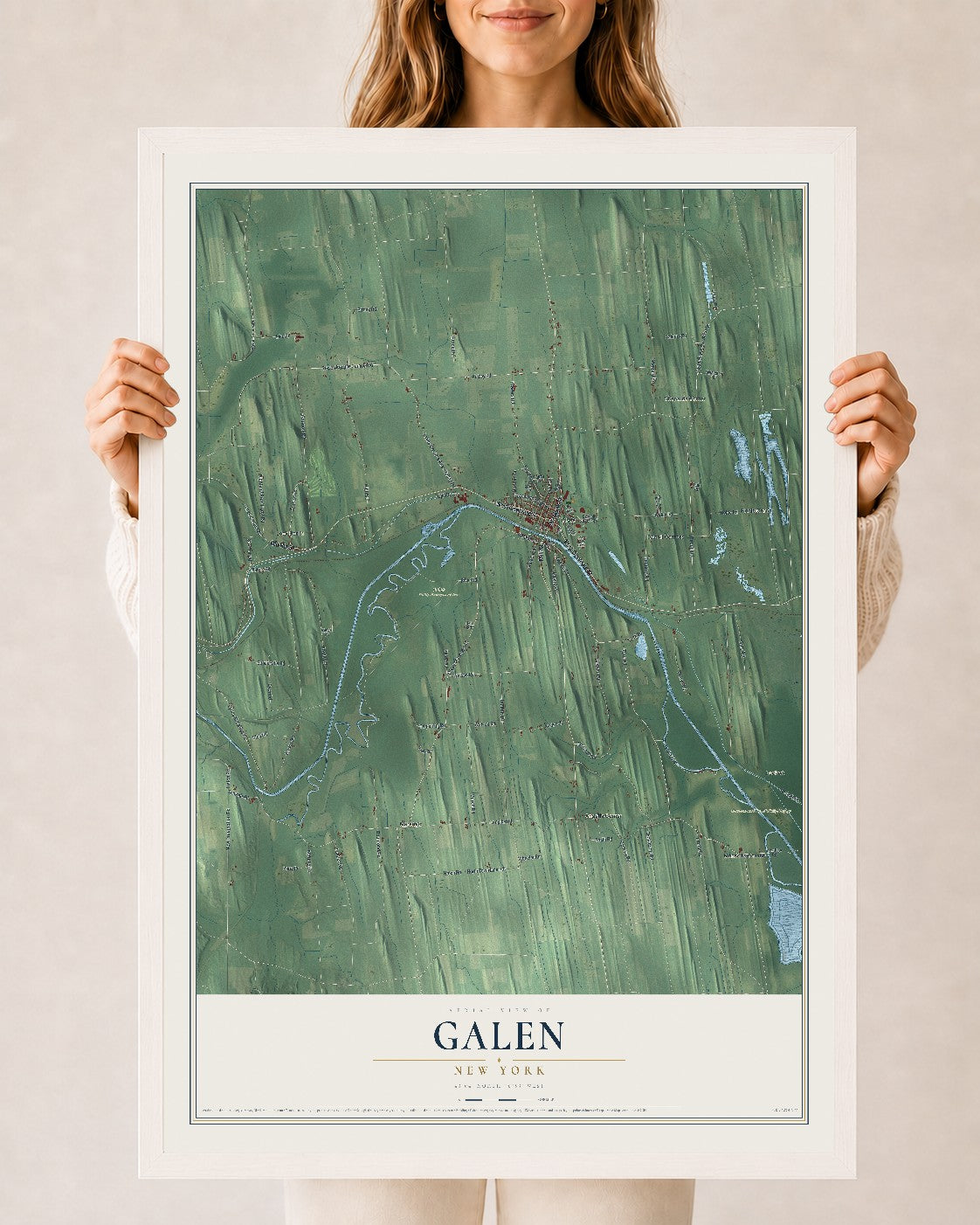 Galen, New York map print, 24" x 36" W/ White Ayous Wood Frame mockup