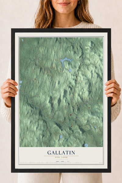 Gallatin, New York map print, 18" x 24" W/ Black Ayous Wood Frame mockup