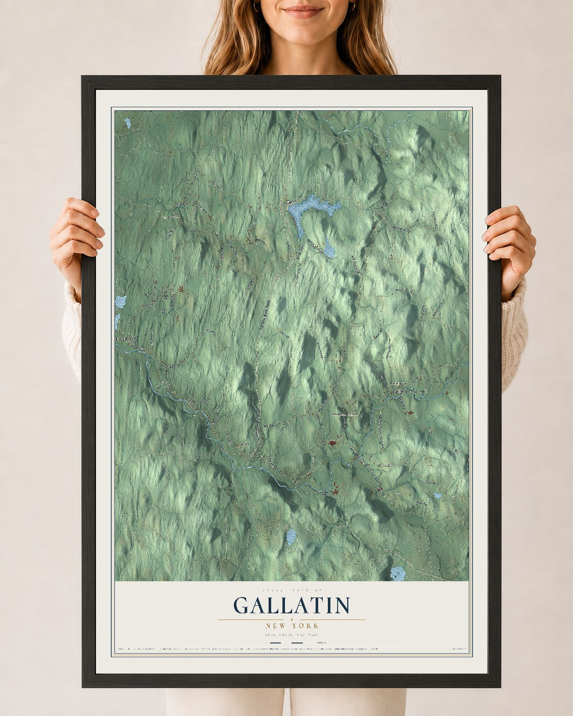 Gallatin, New York map print, 24" x 36" W/ Black Ayous Wood Frame mockup