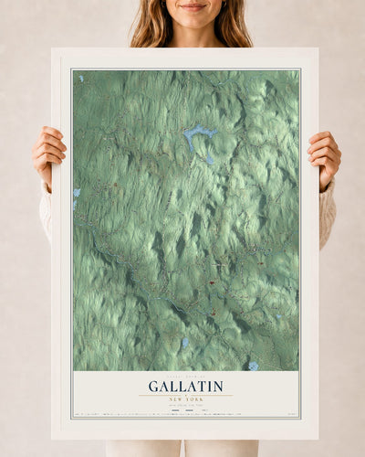 Gallatin, New York map print, 24" x 36" W/ White Ayous Wood Frame mockup