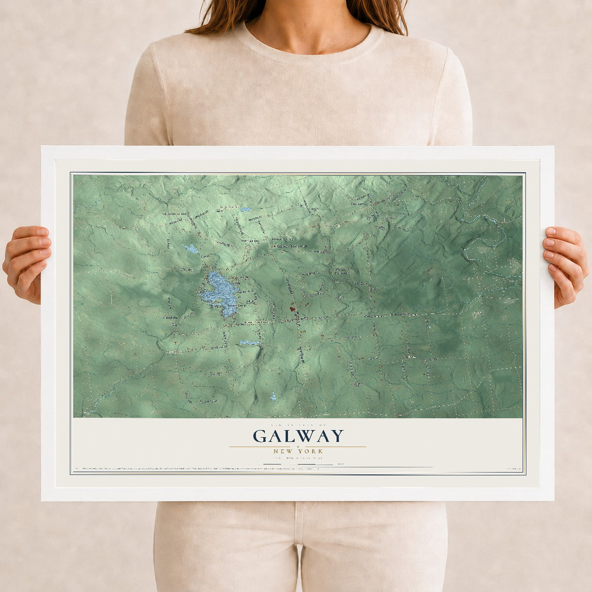 Galway, New York map print, 12" x 18" W/ White Ayous Wood Frame mockup