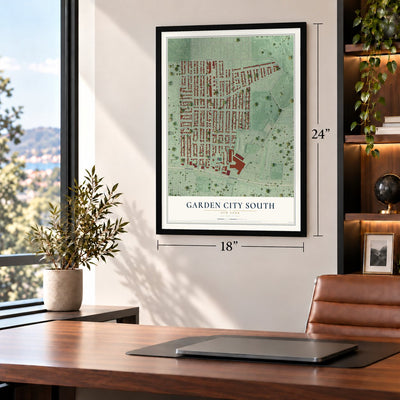 Garden City South, New York map, 18 x 24 inch print in a black frame in a home office