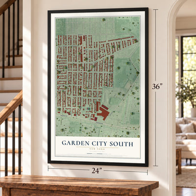 Garden City South, New York map, 24 x 36 inch print in a black frame by a staircase