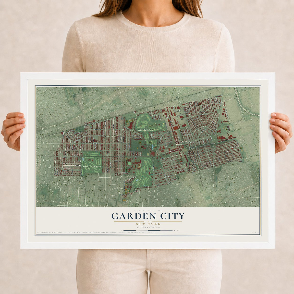 Garden City, New York map print, 12" x 18" W/ White Ayous Wood Frame mockup