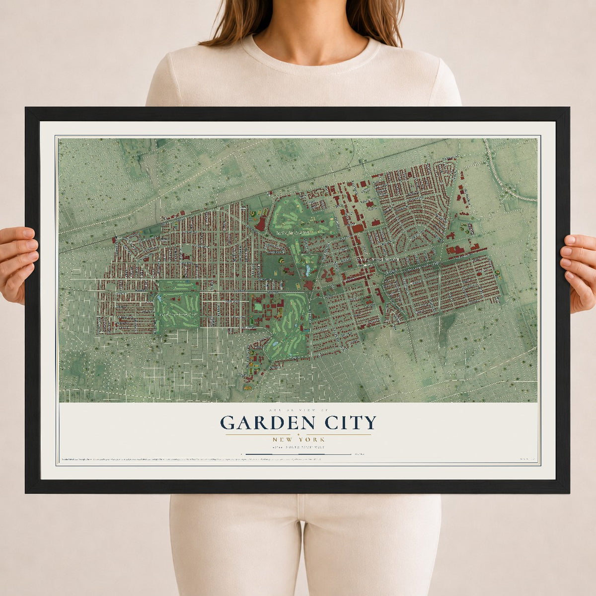 Garden City, New York map print, 18" x 24" W/ Black Ayous Wood Frame mockup