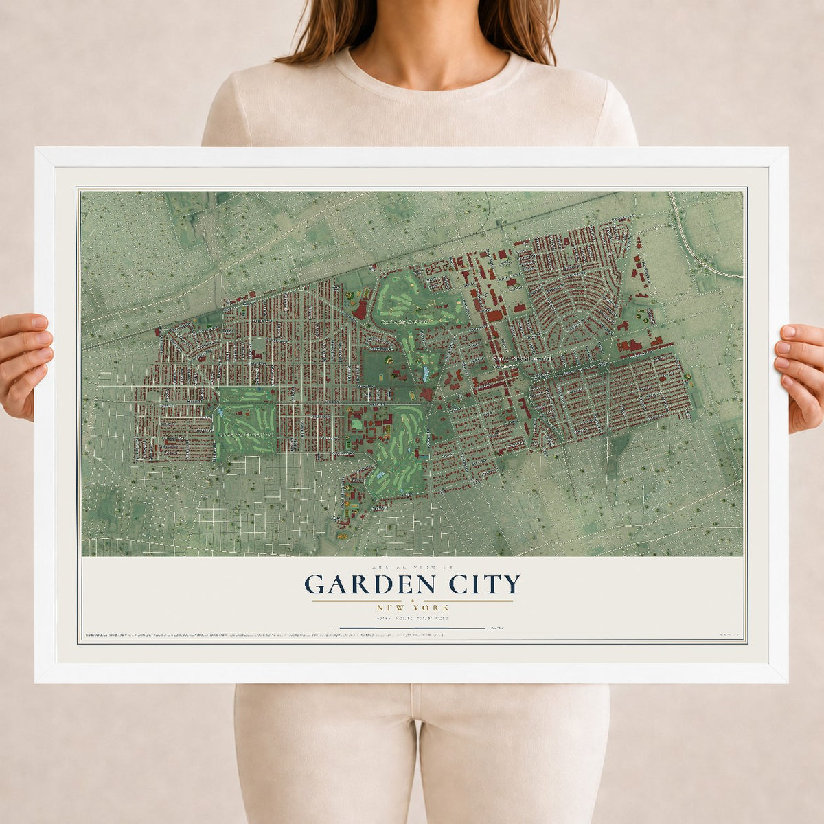 Garden City, New York map print, 18" x 24" W/ White Ayous Wood Frame mockup
