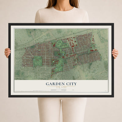 Garden City, New York map print, 24" x 36" W/ Black Ayous Wood Frame mockup