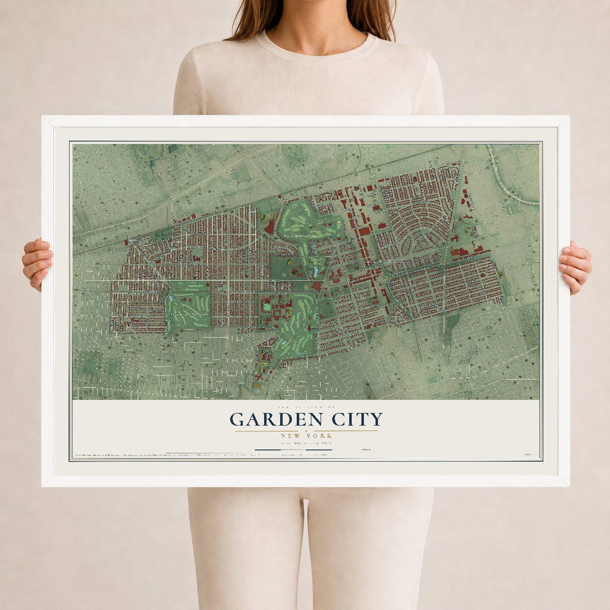 Garden City, New York map print, 24" x 36" W/ White Ayous Wood Frame mockup