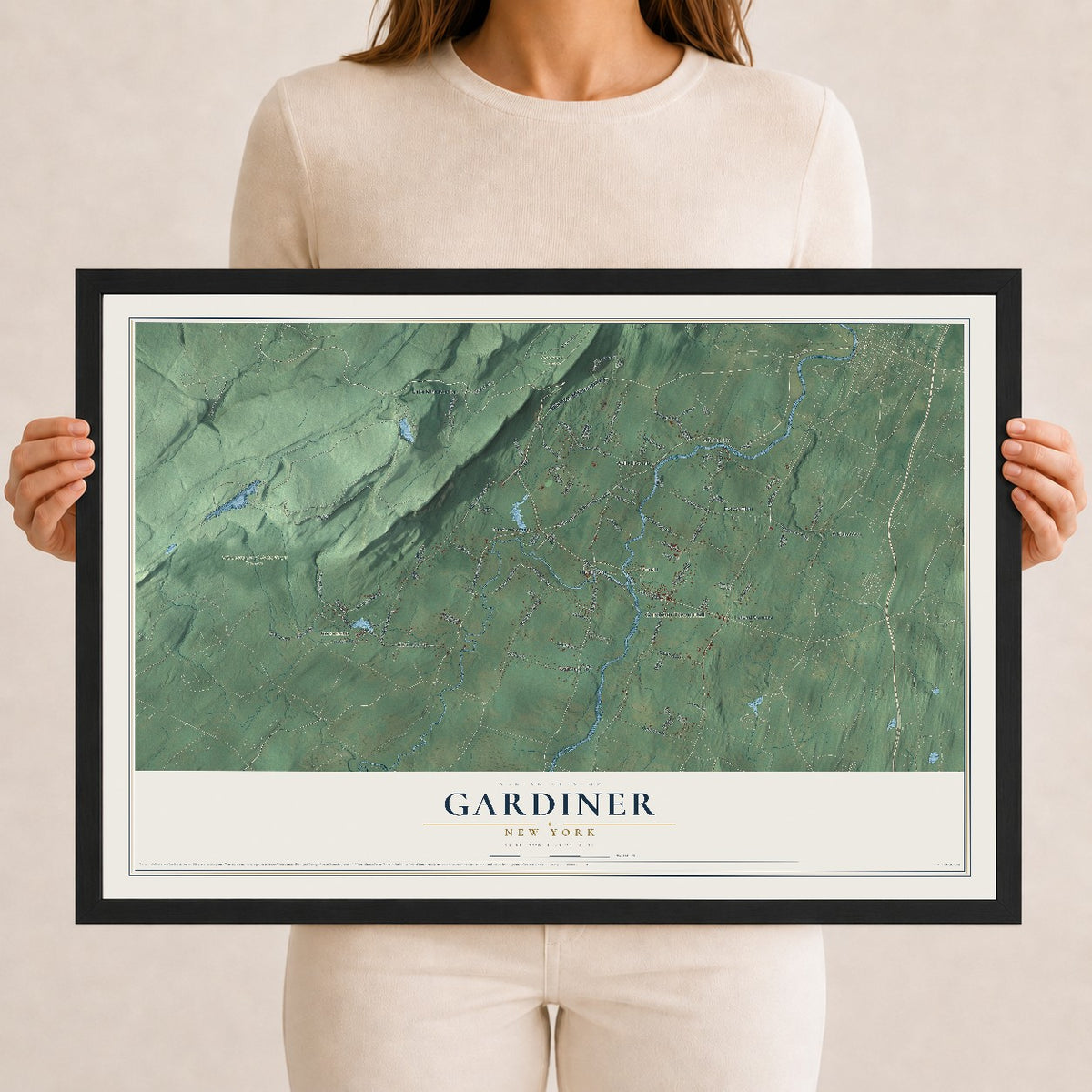 Gardiner, New York map print, 12" x 18" W/ Black Ayous Wood Frame mockup
