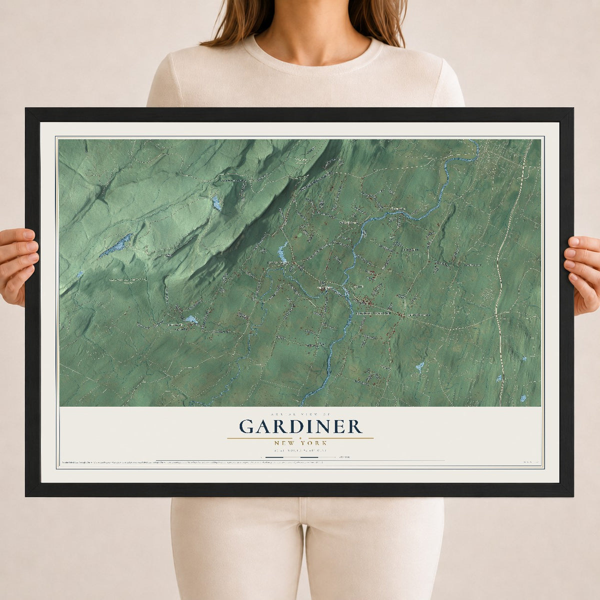 Gardiner, New York map print, 18" x 24" W/ Black Ayous Wood Frame mockup