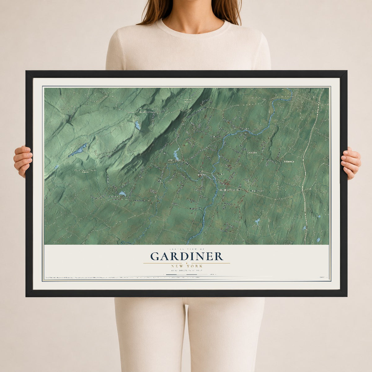 Gardiner, New York map print, 24" x 36" W/ Black Ayous Wood Frame mockup