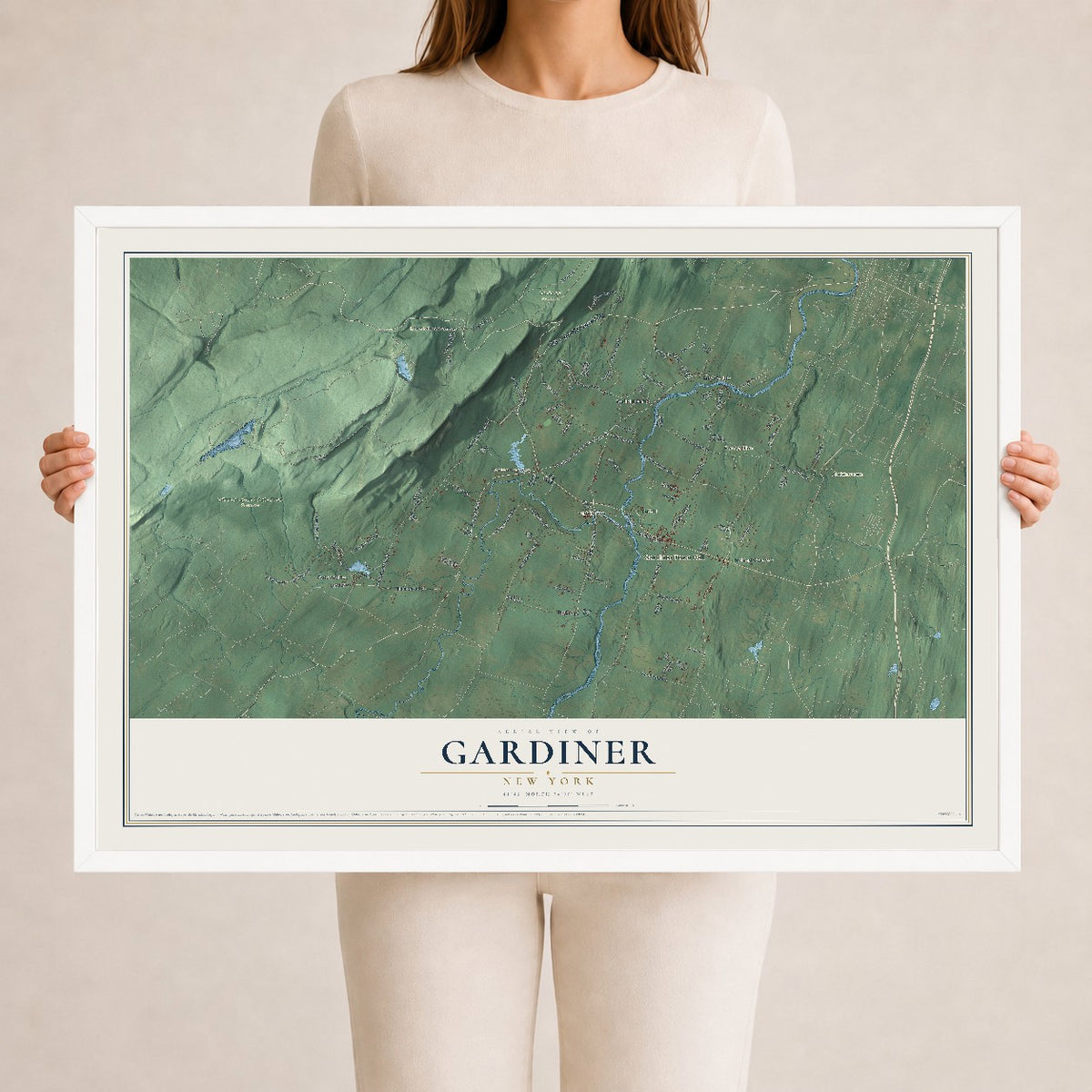 Gardiner, New York map print, 24" x 36" W/ White Ayous Wood Frame mockup