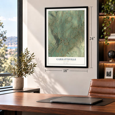 Garrattsville, New York map, 18 x 24 inch print in a black frame in a home office