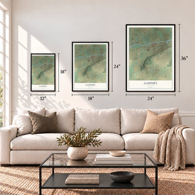 Gasport, New York map in 12 x 18, 18 x 24 and 24 x 36 inch sizes above a sofa