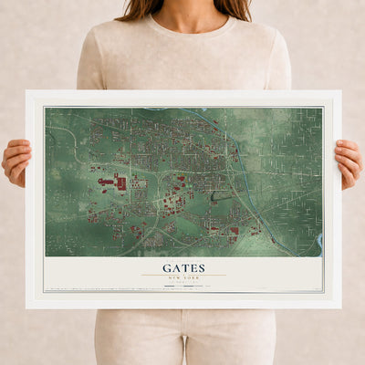 Gates, New York map print, 12" x 18" W/ White Ayous Wood Frame mockup