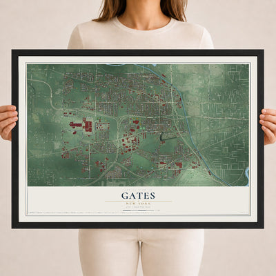 Gates, New York map print, 18" x 24" W/ Black Ayous Wood Frame mockup