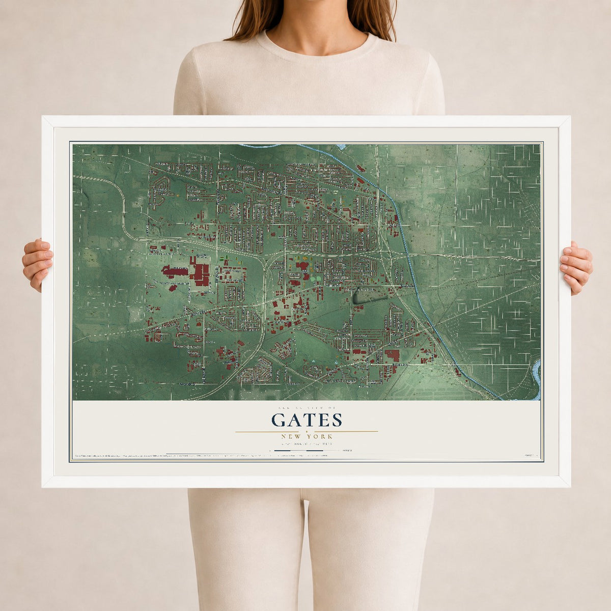 Gates, New York map print, 24" x 36" W/ White Ayous Wood Frame mockup